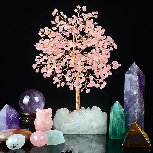 Gemstone Crystal Tree of Life,Natural Rose Quartz (406 Stones) with Clear Quartz Base,Chakra Balancing Positive Energy Feng Shui Home Decor Bonsai Money Tree,Birthday Gift 8.5"-9" - color: Rose Quartz Tree With Quartz Base