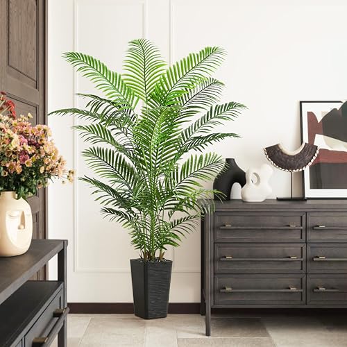 Artificial Palm Tree Indoor, 6FT Fake Floor Plants Large Tropical Silk Plant with Black Square Planter, Faux Areca Palm Plant Artificial Tree in Pot for Home Room Office Outdoor Patio Decor