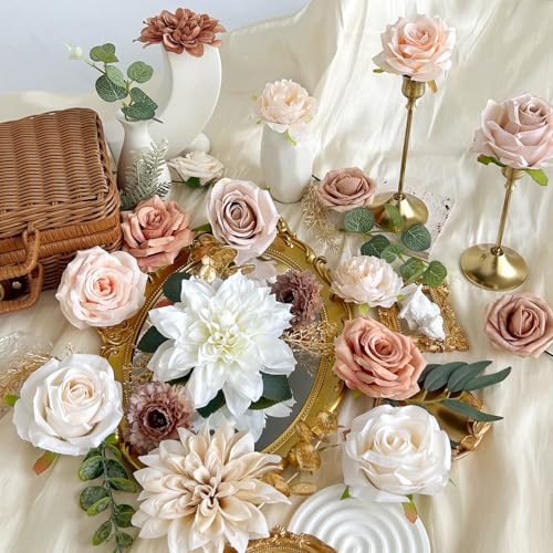 Artificial Flowers Combo Box Set Terracotta Silk Roses Dahlia with Stems DIY Bridal Wedding Bouquets Cake Gold Boho Nude Beige Fake Floral Arrangements Baby Shower Party Table Centerpieces Home Decor - color: Nude, Terracotta