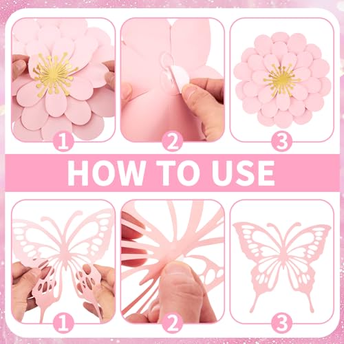 Paper Flower Decoration for Wall 3D Paper Butterfly Flower Bulletin Board Decor Pink White Artificial Flower Backdrop Wall Decor Green Leaves Vine for Classroom Office Spring Garden Tea Women Birthday - color: Pink, White Paper Flower