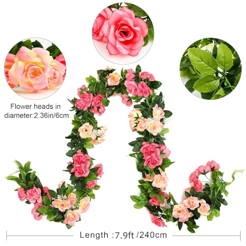 JUSTOYOU Artificial Rose Garland Vines Pink Flowers Hanging Silk Rose Vine for Wedding Home Office Arch Arrangement Decoration 7.6FT(2PCS) - color: Pink-a