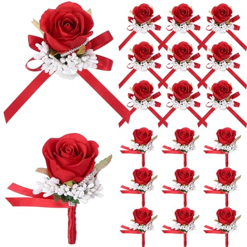 Geosar 20 Pcs Wedding Red Corsage and Boutonniere Set Homecoming Artificial Corsage Wristlet and Boutonniere for Men Women Bride Bridesmaid Wedding Flowers Accessories Prom Suit Decorations - color: Red