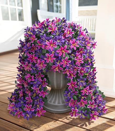 Ivydale Artificial Fake Hanging Flowers Plants for Outdoors Decoration, UV Resistant 2PCS Faux Lily Flower Vines for Home Patio Porch Balcony Garden Yard, Mixpurple - color: Fuchsia & Purple