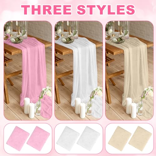 6 Pcs Pearl Tulle Table Runners Bohemian Country Tulle Lace Table Runner 120 Inch 10 Ft White Champagne Pink Lace Fabric for Home Dining Wedding DIY Craft - style: Pearl