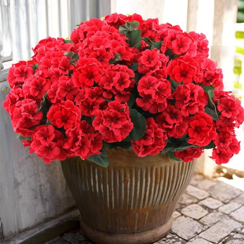 Hananona 12 Pcs Artificial Geranium Flowers for Outdoors Geranium Silk Red Flowers Outdoor UV Resistant Garden Plants Faux Flower for Christmas Home Kitchen Table Centerpieces Decor (12, Red) - color: Red