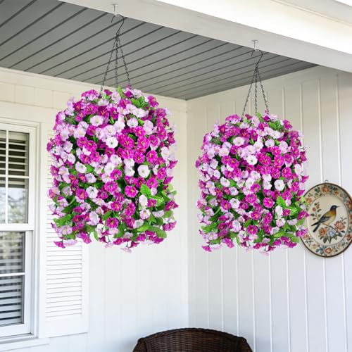 INXUGAO Artificial Flowers with Hanging Basket, Outdoor Faux Plants Silk Morning Glory Vines, Fake Green Arrangement for Garden Patio Spring Summer Decor(4pcs,Darkorchid) - color: Darkorchid