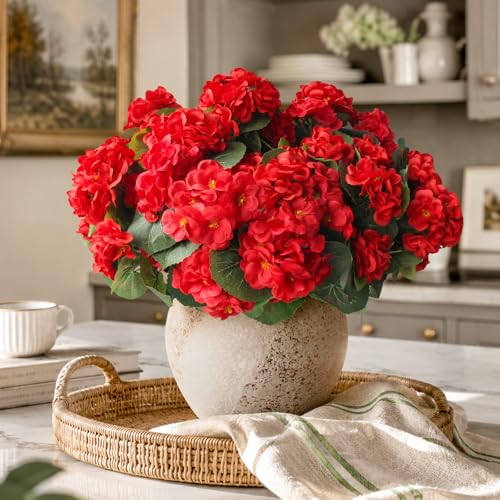 12 Bundles Artificial Geranium Fake Flowers for Outdoor UV Resistant, Outside Spring Red Flower Decoration for Home Kitchen Table Cemetery Garden Planter, Front Door Silk Faux Plants - color: Red, size: 12ps