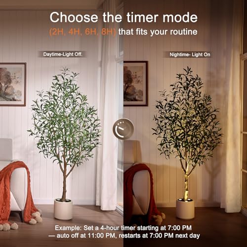 Verinatural Olive Trees Artificial Indoor 6FT - Realistic Fake Plants with Remote LED Spotlights, White Planter - Faux Olive Tree for Home Living Room Office Floor Bedroom Decor,VN214 - size: 6ft