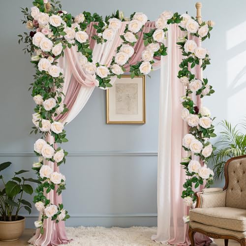 U'Artlines 5 Pack Artificial Champagne Rose Vines Floral Garlands Total 32.5 Ft Fake Vine Silk Flower Garland for Indoor Outdoor Home Wedding Arch Garden Wall Decoration - color: Champagne, size: Set of 5