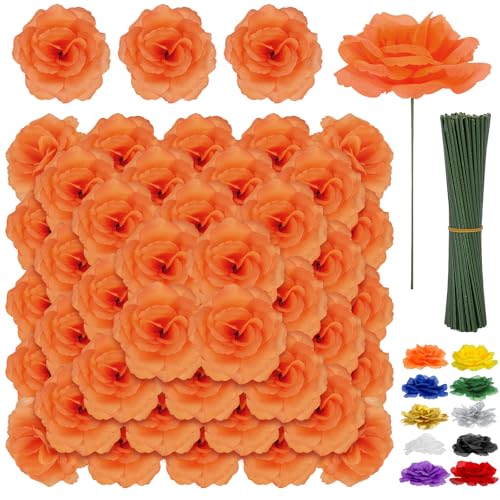 108pcs Roses Head Flowers with Stem - Orange Artificial Flowers Rose Bulk - Orange Silk Rose Marigold Flower for Fall Wedding Bouquet Party Home Decor DIY Baby Shower Centerpieces Tables Decoration - color: Orange