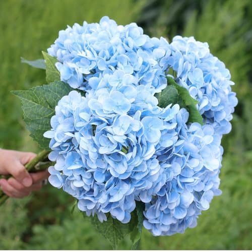 Blue Hydrangea Artificial Flowers - High-End 22.5cm Oversized Heads (4pcs) | Real-Touch Design | Perfect for Christmas, Weddings, Home Decor, Parties & Outdoor Use (Blue) - color: Blue
