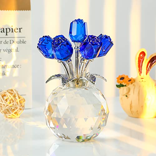 Blue Rose Flower Crystal Figurine with Vase, Bouquet Flowers Ornament Gifts for Wife Girlfriend Women , Handmade Crystal Flower Collectible Home Table Decor for Valentine's Day Wedding Anniversary - color: Blue-crystal Rose