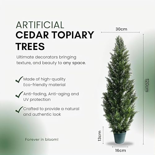 4 Feet Outdoor Artificial Topiary Cedar Tree, Set of 2 UV Resistant Potted Faux Cedar Trees for Outdoors and Indoors, Decorative Fake Shrubs Topiary Trees for Home Living Room Front Door Decor - size: 4 feet