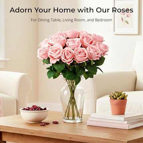 Auihiay 14PCS Pink Fake Roses, Artificial Roses Flowers with Long Stems for Mother's Day, Valentine's Day, Wedding Bouquet, Baby Shower, Birthday, Home & Party Decor - color: Pink