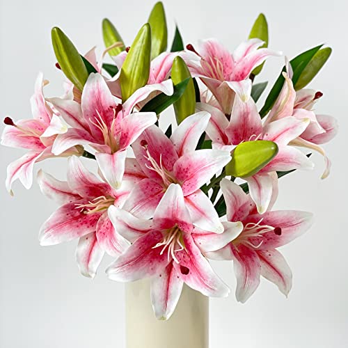 Yalzone 2 Pcs 28 inch Pink Artificial Lily Flowers Fake Real Touch Lily 3 Heads 2 Buds Pink Flowers Artificial Faux Lily for Home Office Decor Wedding Bouquet Decoration Table Centerpiece (W045)