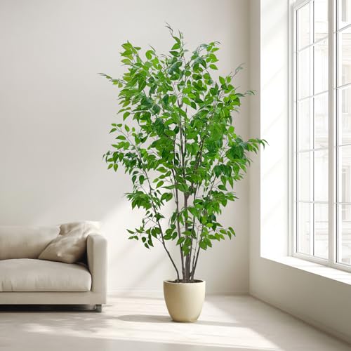 7ft Artificial Ficus Tree with White Plastic Planter | Collapsible trunk structure enables quick assembly and compact space-saving storage - color: Green, size: 7ft