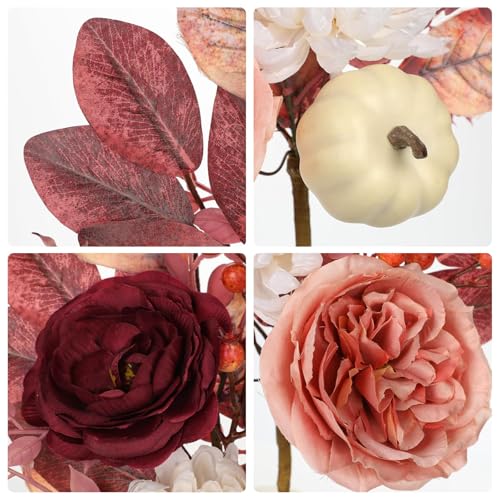 Fake Fall Flowers Bouquet Arrangements Artificial Silk Flower Stem with White Pumpkin and Pink Eucalyptus Leaves Autumn 2PS Red Floral Table Centerpieces for Vase Home Kitchen Thanksgiving Decor - color: Pink and Burgundy