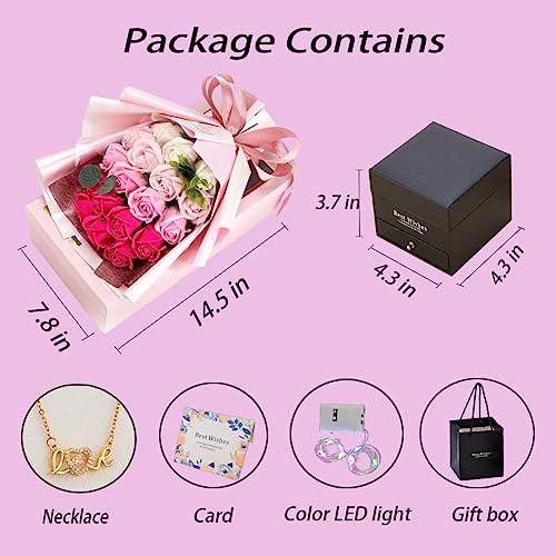 EIGHTOWN Roses Bouquet Artificial Flower - Preserved Red Flowers with Love Necklace for Her - Unique Gifts Valentine's Day, Mother's Day, Thanksgiving, Birthday, Anniversary… (Hotpink) - color: Hotpink