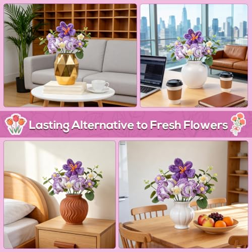 Tenn Well Crochet Flower Bouquet, Crochet Knitted Carnation Gift Artificial Flowers for Mother’s Day, Birthday, Graduation, Anniversary and Home Decor - color: Purple
