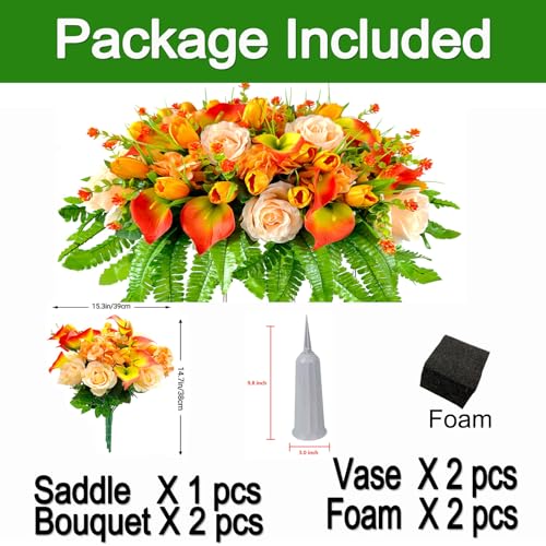 FLOWERIA Headstone Flower Saddle Cemetery Flowers for Grave - Artificial Tulips Roses Sympathy Flowers for Gravesite Decoration - color: Orange, size: 2 Bouquets 1 Saddle
