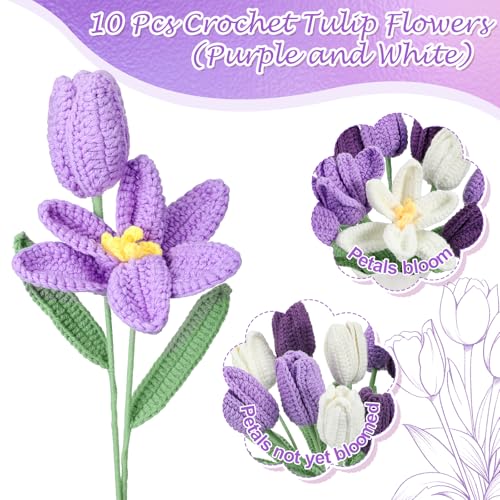 Shihanee 10 Pcs Tulip Crochet Flowers Bouquet Handmade Knitted Flower Decor Birthday Gifts for Women Grandma Spring Home Vase Centerpiece, 13.7", Vase Not Inchluded(Purple, White) - color: Purple, White