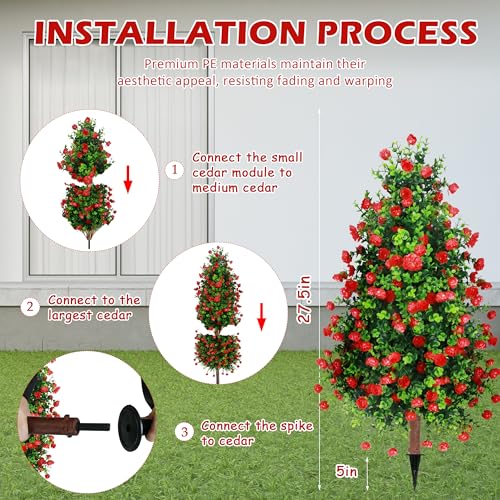 Sunnyglade 2 Packs 27.5" Artificial Rose Tree, Fake Rose Shrub Bushes Trees with Spike Faux Topiary Plants Tree for Indoor, Garden, Yard, Porch, Patio Decor - color: Red