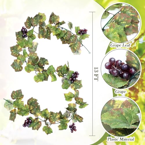 Artificial Grape Leaf Garland Vine Plant for Decoration Fake Greenery Garlands Hanging Leaves with Grapes for Wine Italian Themed Party Decor Wedding Photo Stage Favors(13 ft,Light Green) - color: Light Green, size: 13 FT