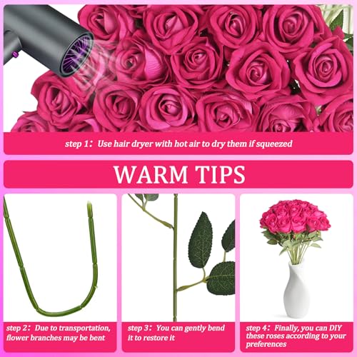 30pcs Silk Roses Artificial Flowers Hot Pink Fake Rose with Long Stem for Arrangement Wedding Party Home Decoration - color: Hot Pink
