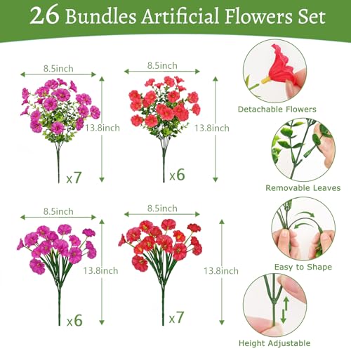 Artificial Flowers for Outdoors, 26 Bundles Fake Outdoor Flowers, UV Resistant Artificial Outdoor Plants & Flowers for Decoration, Colorful Morning Glory for Garden Porch Yard Patio, Fuchsia & Red - color: Fuchsia & Rose Red, size: 26 Bundles