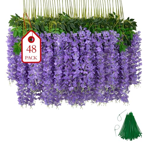 BIRDDIE 48 Pcs of Artificial Wisteria Hanging Flowers, 3.75 Feet Fake Wisteria Flower Strings for Backdrop, Wedding, Ceremony,Garden and Home Wall Decoration (Light Purple) - color: Light Purple, size: 48 pcs