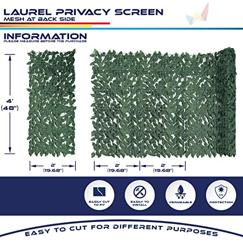 Windscreen4less 4'x14' Faux Leaf Privacy Fence Screen Artificial Laurel Leaves Fence Cover Wall Decoration for Patio Porch Deck Balcony Yard Indoor Outdoor (Dark Green) - color: Laurel Leaf-Dark Green, size: 4' x 14'