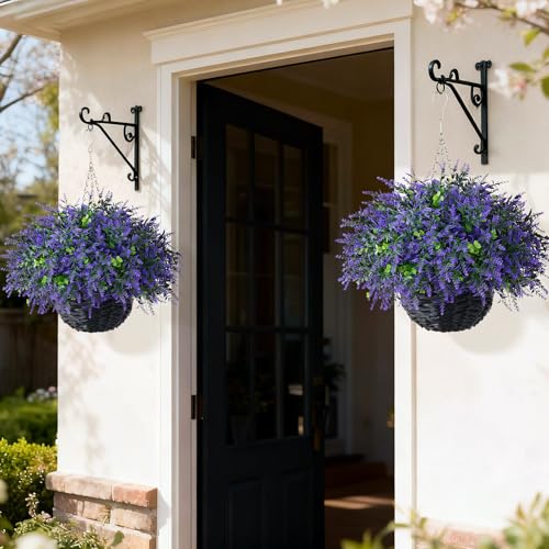 GLIDLION Artificial Eucalyptus & Lavender Hanging Basket (2 Pieces) - Realistic Fake Hanging Plants Set, Outdoor Faux Eucalyptus Leaves for Farmhouse Eaves Porch Decor | Spring,Summer,All Season