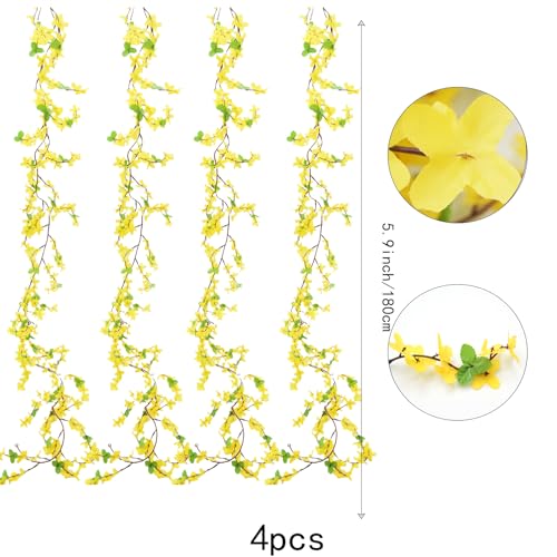 FERIAL 4Pcs Artificial Flowers Vine Spring Yellow Silk Flowers Garland Artificial Jasmine Vines for Decoration Fake Flower Vine Hanging Ivy for Home Indoor Outdoor Wall Party Wedding Arch - color: Yellow-4