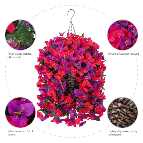 Ivydale Bougainvillea Artificial Hanging Fake Flowers with Basket for Outdoors Decoration, Faux Silk Flowers UV Resistant Fake Plants Long Vines Realistic for Outside Front Door Porch, Red Fuchsia - color: Red Fuchsia