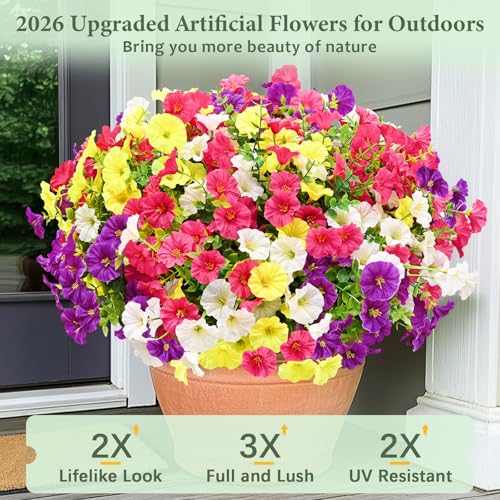 Artificial Flowers for Outdoors, 14 Bundles Fake Outdoor Flowers, UV Resistant Artificial Outdoor Plants & Flowers for Decoration, Colorful Morning Glory for Garden Porch Yard Patio, Mixed Color A - color: Purple, Rose Red, White & Yellow, size: 14 Bundle