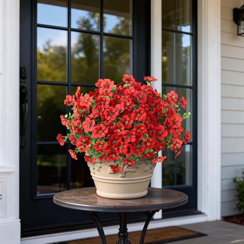 2 Set of Artificial Morning Glory & Eucalyptus Topiary Trees - Faux Silk Flower Potted Plants, UV-Resistant Fake Outdoor Morning Glory Bushes for Front Door, Yard, Farmhouse, Garden Decor (Red) - color: Red