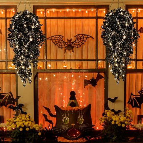 RECUTMS 2Pcs Artificial Black Hanging Flowers with Lights for Outdoor Decoration Fake Hanging Plants Vines with 30 LED String Light for Halloween Gothic Home Porch Wall Party Decor（Lights Black） - color: Lights Black-rose