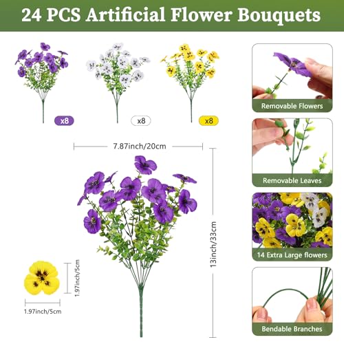 Alupssuc 24 Bundles Artificial Flowers for Outdoors Spring Decorations, Big Fake Flowers UV Resistant Realistic Pansies with Eucalyptus Silk Faux Flowers for Porch Yard, Yellow White CrimsonPurple - color: Yellow, White, Crimsonpurple