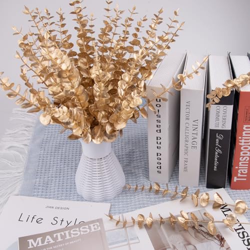 FEQO 120 Pcs Gold Eucalyptus Stems Artificial Leaves Faux Eucalyptus Stems Branches 15 inch for Wedding Bouquet Home Decor - color: Gold, size: 120 pcs