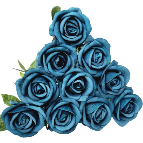 10 PCS Artificial Roses with Long Stems Silk Flowers Realistic Foam Flowers Fake Roses for Valentine's Day Autumn Fall Decor Halloween (Turquoise) - color: Turquoise
