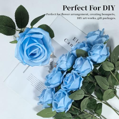 10 PCS Artificial Roses with Long Stems Silk Flowers Realistic Foam Flowers Fake Roses for Valentine's Day Home Wedding Decor(Light Blue) - color: Light Blue