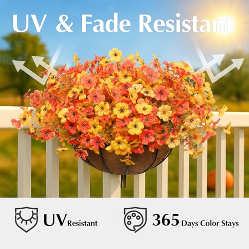 Artificial Mums for Outdoors, 12 Bundles Faux Mums for Outdoor Planters,Uv Resistant Artificial Fake Flowers Plants, Realistic Fall Decor for Porch, Patio, Yard (OrangeYellow) - color: Orangeyellow