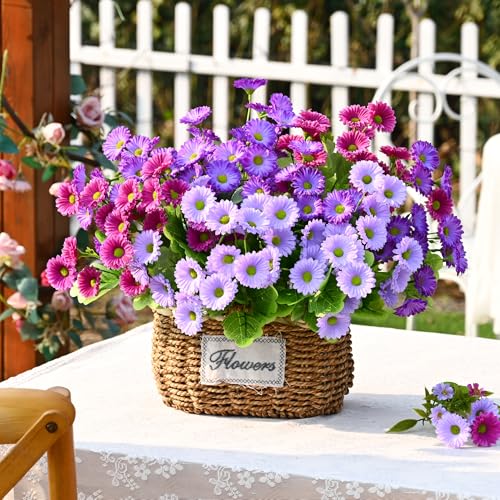 Waipfaru Artificial Flowers for Outdoors Faux Plants, UV Resistant Artificial Outdoor Flowers, Silk Daisy Realistic Fake Mums Flower for Front Porch Spring Home Planter Patio Decor, 12 Bundles, Mix - color: Purple, Fuchsia, Light Purple, size: 12 PCS