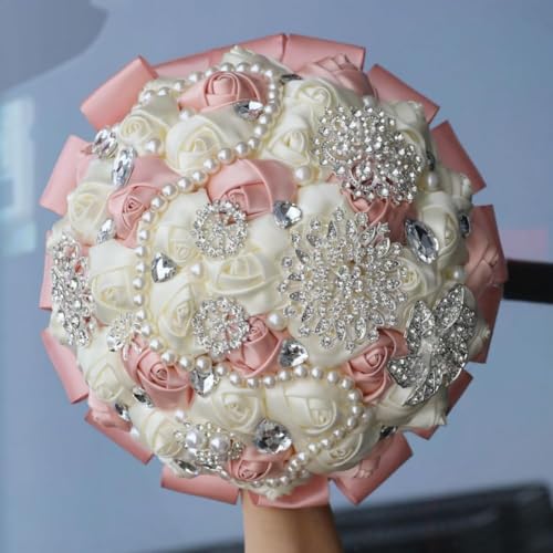 Pink Bridal Brooch Wedding Bouquet with Bling Silver Rhinestone Pearl for Bride Bridesmaid Quinceanera Satin Rose Flower Bouquet Wedding Blush Pink and Ivory 8.3in - color: Blush & Ivory, size: Diameter: 8.3 inches