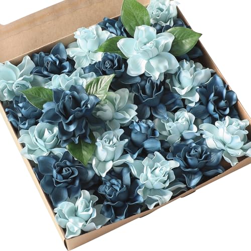 Floroom Artificial Gardenia Flowers 2.7" 25pcs Real Looking Dusty Blue Shades Foam Fake Flowers with Stem for DIY Wedding Bouquets Bridal Shower Centerpieces Floral Arrangements Party Table Decoration - color: Dusty Blue Shades