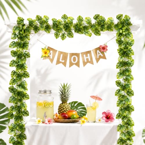 8Pcs Artificial Tropical Leaves Garland for Jungle Party, 5.9FT Fake Monstera Leaves Vines Hanging Plant Ivy Faux Palm Leaf Greenery Garland for Garden Porch Patio Beach Birthday Indoor Outdoor - color: Monstera-8pcs