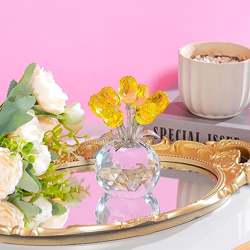 Yellow Rose Flower Crystal Figurine with Vase, Bouquet Flowers Ornament Gifts for Wife Girlfriend Women , Handmade Crystal Flower Collectible Home Table Decor for Valentine's Day Wedding Anniversary - color: Yellow-crystal Rose