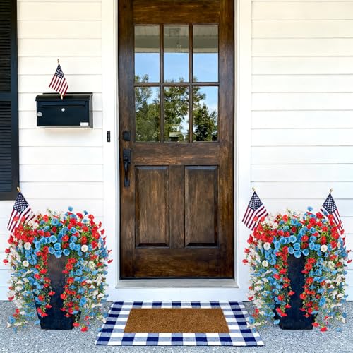 Artificial Hanging Petunias Flowers for Outdoor, 8pcs Fake Plants Long Vine Morning Glory Eucalyptus, UV Resistant Realistic Faux Greenery Outside Patio Porch Garden Spring Decor, Red Blue White - color: Red Blue White