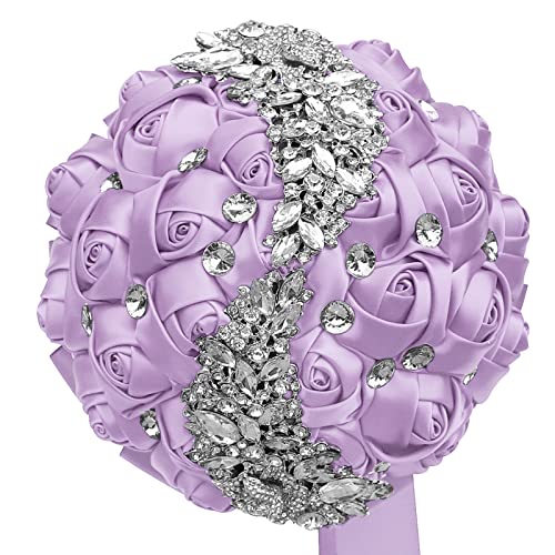 XINNI Handmade Bridal Wedding Bouquet Bride Bridesmaid Satin Rose Flower Bouquet with Meteor Shower Shape Rhinestone Wedding Decoration Light Purple - color: Light Purple