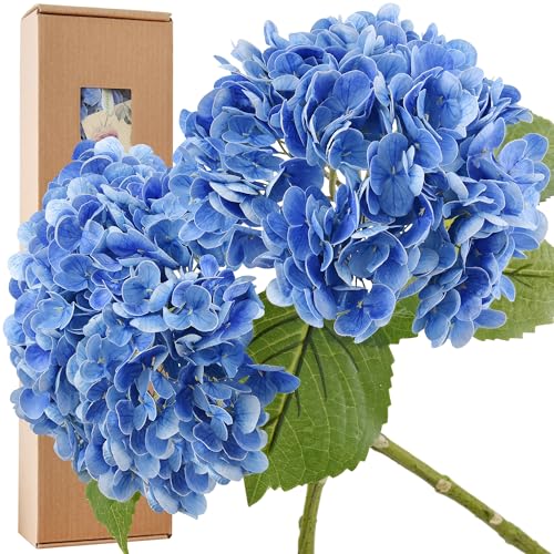 FiveSeasonStuff Real Touch Silk (Royal Blue) Hydrangea Flowers, 2 Large Long Stem Artificial Flowers for Floral Arrangements - color: Royal Blue (2 Stems)
